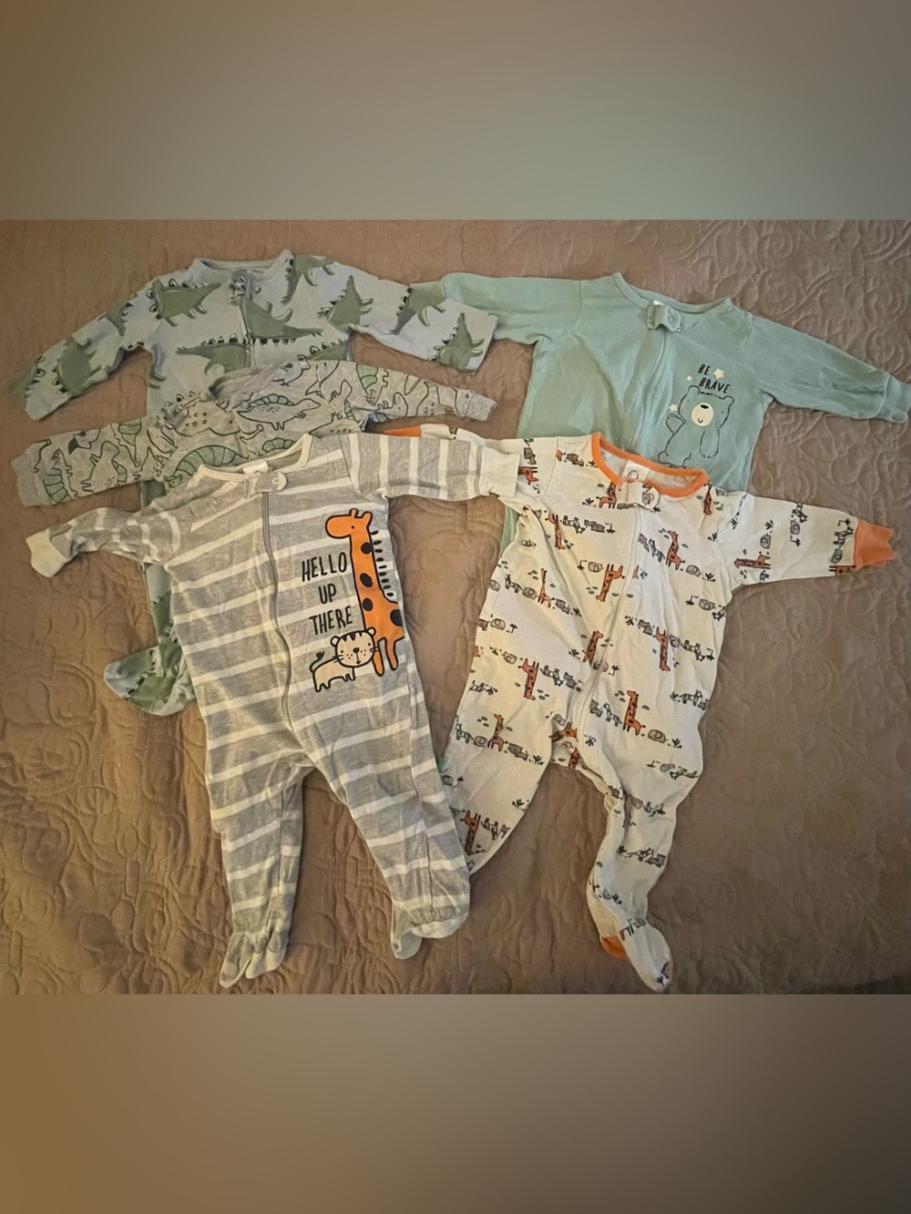 #95b 5pc Baby Boy 3-6M Footed Zip One Piece Sleepers Animals Dinosaurs Print